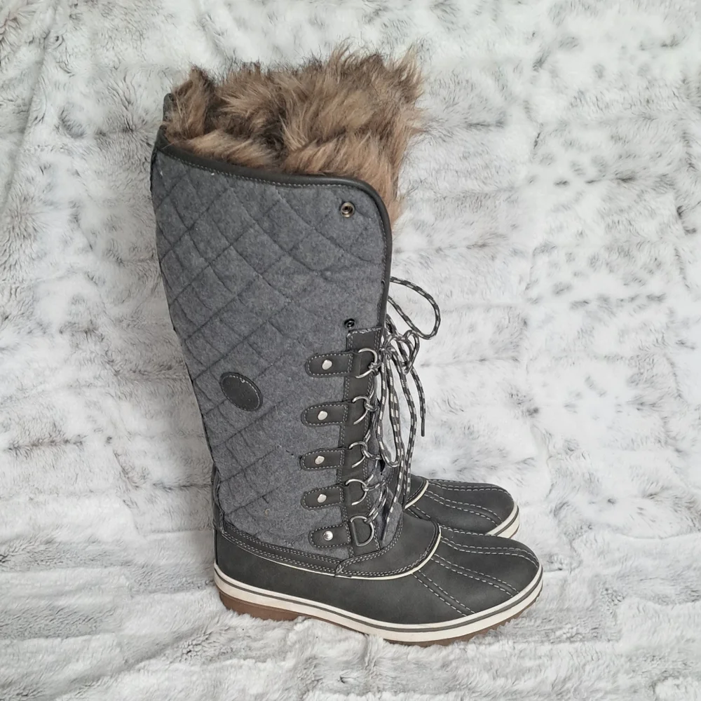 Global Win Quilted gray fur warm tall Duck Boot winter Snow boots. Size 8.5.